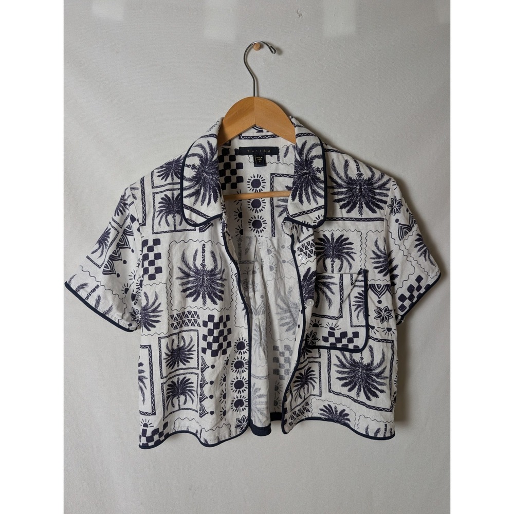 Tullea Palm Tree Linen Blend Crop Top Y2K S Boho Coastal Tropical Resort